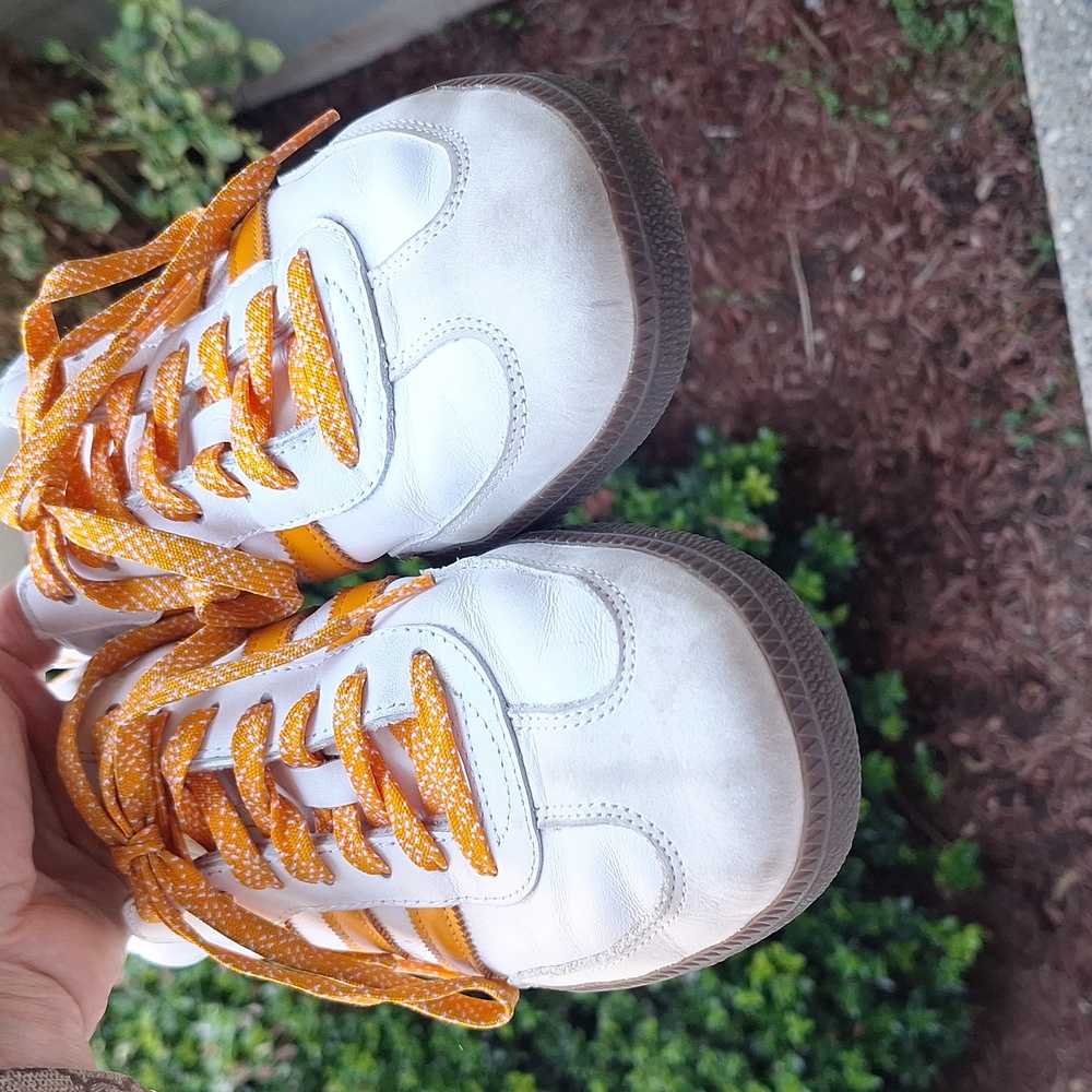 adidas Samba Sneakers White with Orange Stripes and Brown Sole - Picture 6 of 11